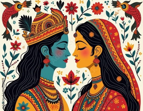 Krishna and Radha in Madhubani Folk Style with Floral Borders and Traditional Ornaments