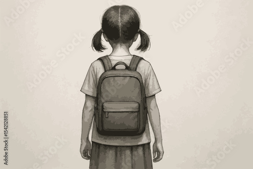 Back view of a young girl with pigtails wearing a backpack, symbolizing school life, in a soft monochrome sketch.