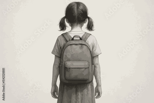Minimalist drawing of a girl with a backpack, standing with her back to the viewer, rendered in soft sepia tones.