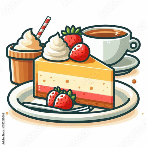 Cartoon stilllife cheesecake slice with strawberries whipped cream coffee  shake on a plate