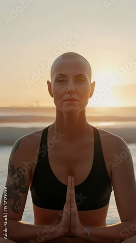 Wallpaper Mural Bald female practicing peaceful yoga pose during golden sunrise, embodying wellness and mindfulness by serene ocean shoreline with warm sunlight Torontodigital.ca