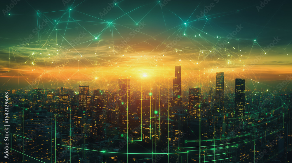 Fototapeta premium Smart digital Innovation city with connection network reciprocity over the cityscape. of future smart wireless digital city and social media networking systems that connects people with in city