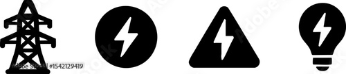 Four black icons representing electricity: a power transmission tower, a lightning bolt in a circle, a lightning bolt in a triangle warning sign, and a light bulb with a lightning bolt inside.