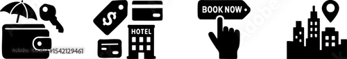 Black and white icons representing travel and accommodation concepts including wallet, hotel, booking, credit cards, key, and cityscape.