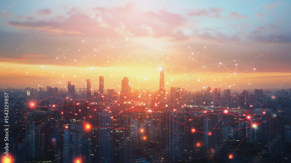 Fototapeta premium sunrise Aerial view of Smart digital Innovation city with connection network reciprocity over the cityscape. of future smart wireless digital city and social media networking systems that connects