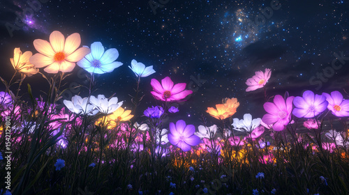 Colourful spring flowers and purple cosmos blossoms under a starry night sky create a beautiful floral nature illustration with a pink butterfly over a summer meadow