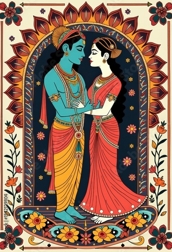 Krishna and Radha in Madhubani Folk Style with Floral Borders and Traditional Ornaments