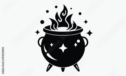 Witch cauldron silhouette, potion cooking vector, Halloween magic icon, spooky kitchen graphic