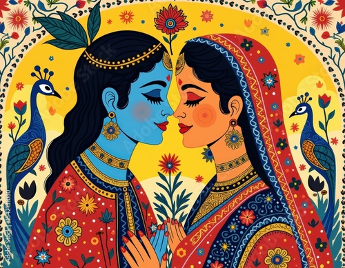 Krishna and Radha in Madhubani Folk Style with Floral Borders and Traditional Ornaments