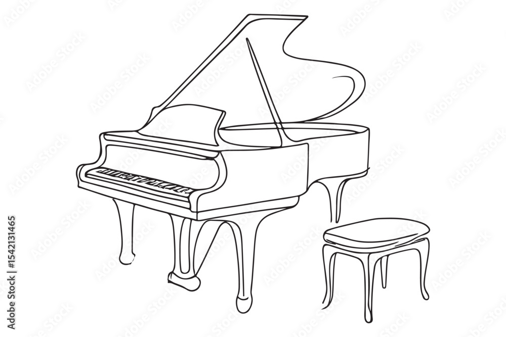 elegant drawing of a grand piano with open lid and stool in simple lines elegant drawing of a grand piano with open lid and stool in simple lines