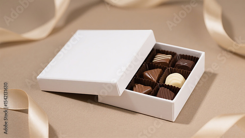An open white chocolate packaging box reveals its multi-compartment tray filled with assorted chocolates. The box is placed on a light brown surface with a golden ribbon draped nearby.