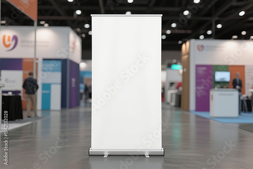 A white retractable banner stand is positioned in the middle of an active trade show floor with various booths and people in the background.