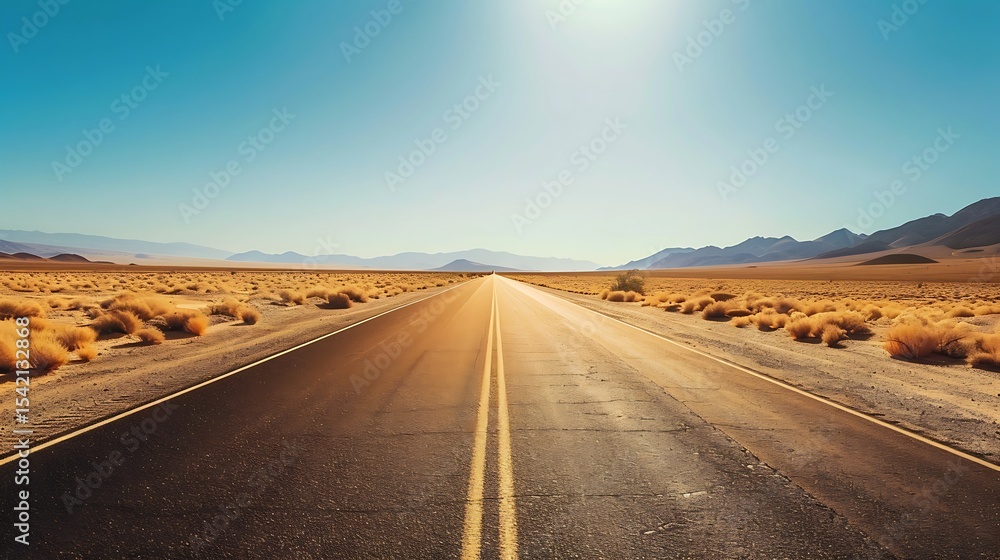 Fototapeta premium Empty highway stretches into a vast desert landscape.