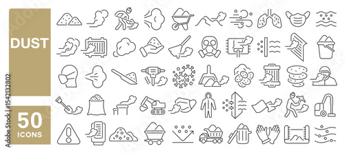 Set of 50 line icons related to dust, odor, smoke, sand, dusting, allergen, dust cleaning, Editable stroke. Vector illustration