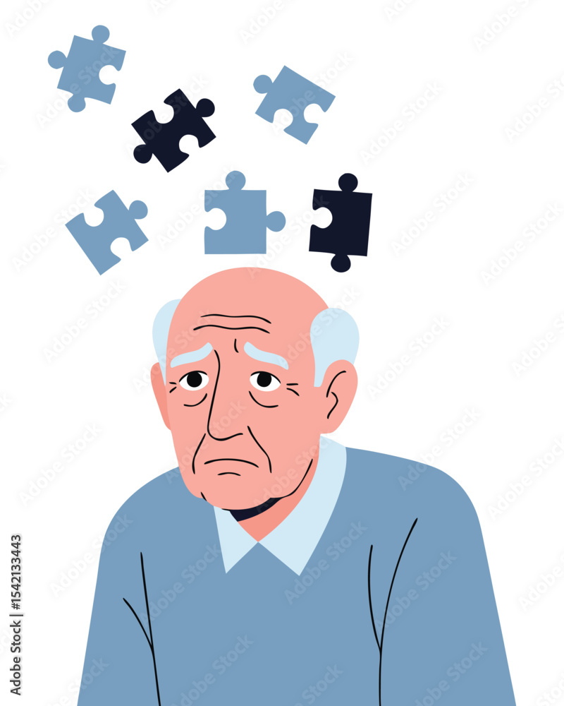 Elderly Man Looking Pensive with Missing Puzzle Pieces Representing Confusion or Memory Loss in a Thoughtful Illustration Elderly Man Looking Pensive with Missing Puzzle Pieces Representing Confusion or Memory Loss in a Thoughtful Illustration