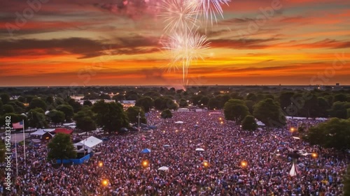 Crowd celebrates fireworks at outdoor concert event