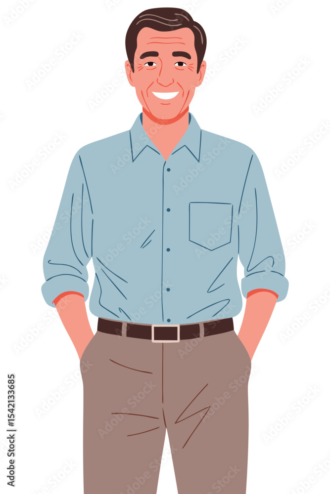 Mature Man Wearing a Light Blue Shirt and Beige Pants with a Friendly Smile Perfect for Stock Photography Mature Man Wearing a Light Blue Shirt and Beige Pants with a Friendly Smile Perfect for Stock Photography