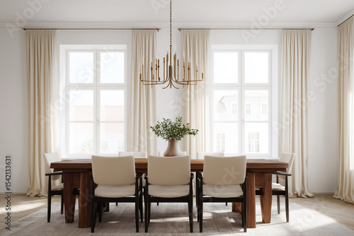 modern dining room with wooden table, six beige chairs, large white windows, light curtains, and a stylish chandelier in a bright spacious interior