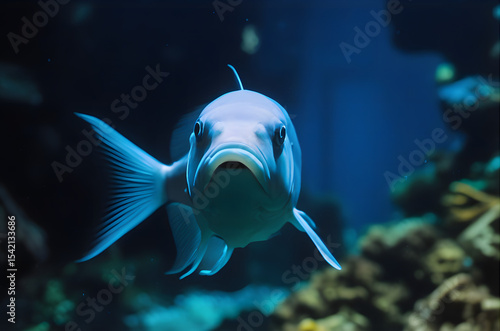 Striking close up portrait of a blue fish swimming in an ocean aquarium environment