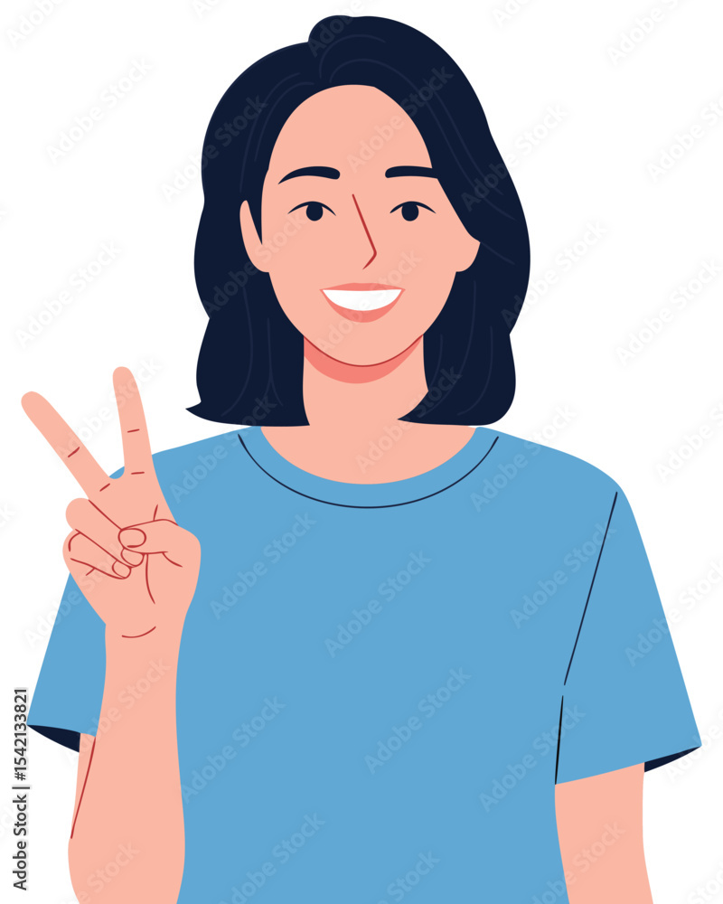 Cheerful Woman Showing Victory Sign with Bright Smile in Casual Attire, Perfect for Celebrating Achievements and Positive Moments Cheerful Woman Showing Victory Sign with Bright Smile in Casual Attire, Perfect for Celebrating Achievements and Positive Moments