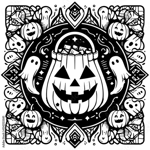 A detailed black and white illustration featuring a Halloween pumpkin basket surrounded by pumpkins and decorative elements.