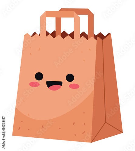 Cute Paper Bag Character with Happy Face for Retail and Commerce Illustrations in Kawaii Style