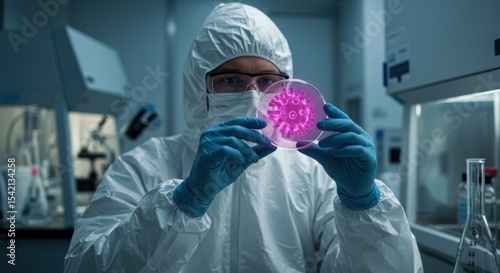 Scientist in Protective Gear Holding Petri Dish with Pink Bacteria
