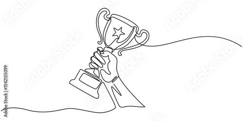 Continuous one line drawing of hand holds trophy cup competition. Champion trophy cup in single line draw illustration. Editable stroke, Champion cup One line drawing isolated on white background.
