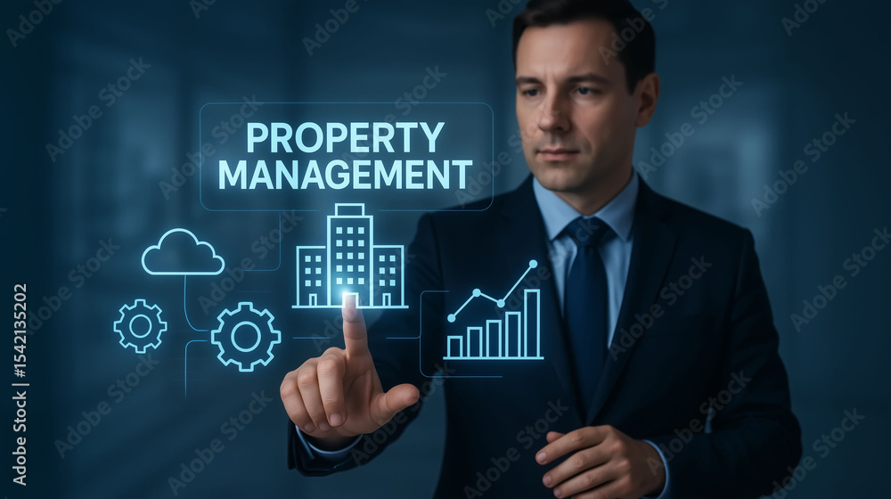 Obraz premium Property investment and management for commercial real estate representing company service and housing operations with modern technology virtual screen background