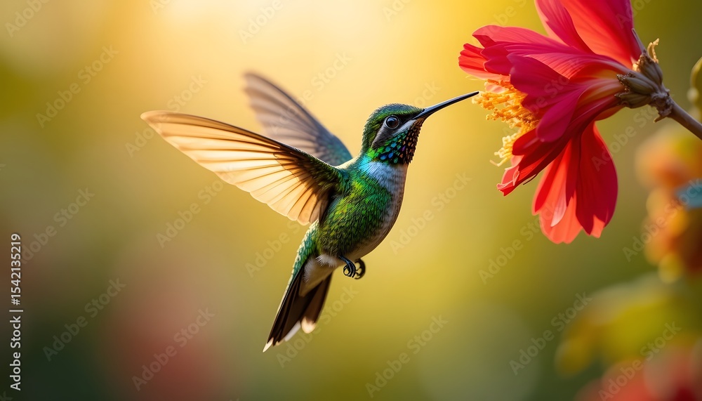 Fototapeta premium Hummingbird Hovering by Crimson Blossom in Golden Light