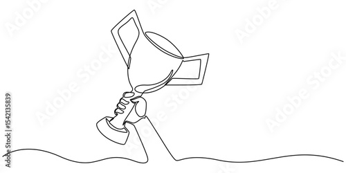Continuous one line drawing of hand holds trophy cup competition. Champion trophy cup in single line draw illustration. Editable stroke, Champion cup One line drawing isolated on white background.