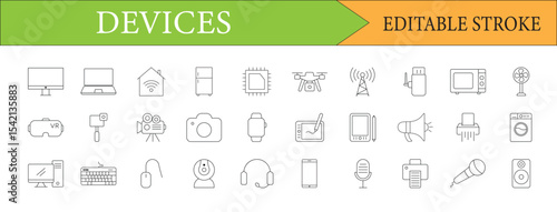 Devices Icon Set Thin Line Vector Editable Stroke Technology Gadgets Modern Electronics Smart Home Entertainment and Communication Collection