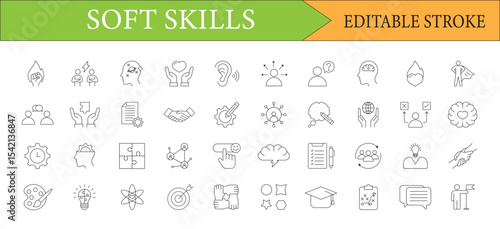 Line Art Pictograms Depicting Soft Skills Editable Stroke Vector Illustration Professional Development Icons Human Capital Intangible Assets and Workplace Capabilities