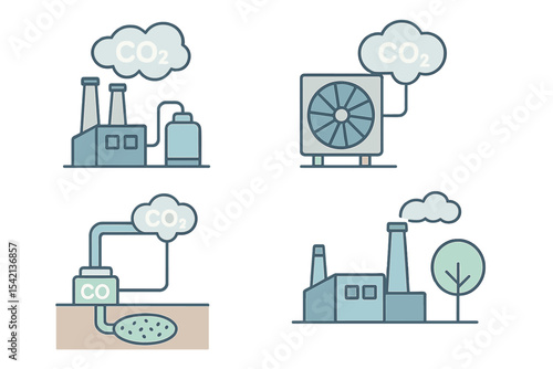 Diagram illustrating carbon dioxide emissions sources and reduction methods in industrial settings