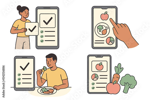 Healthy eating habits are monitored with mobile applications for meal tracking and progress assessment