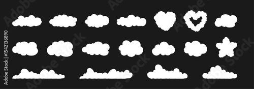  A white cloud silhouettes with chalk texture collection. Hand drawn various fluffy sky symbol shapes on black background.