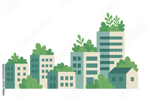 Urban landscape with green rooftops showcasing sustainability and nature integration in modern architecture