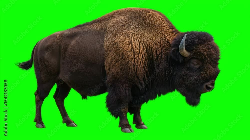 Majestic bison with thick fur standing proudly on the plains over green screen background Majestic bison with thick fur standing proudly on the plains over green screen background