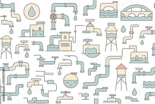Modern water system illustration featuring pipes, tanks, and droplets in a cohesive design
