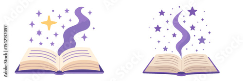 Open books with magical elements and stars illustrated in a whimsical design on a light background