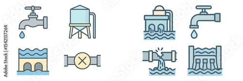 Icons representing water management systems including taps, tanks, and pipelines illustrating various water supply elements