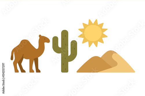 Desert landscape featuring a camel, cactus, and sun with sand dunes during daytime