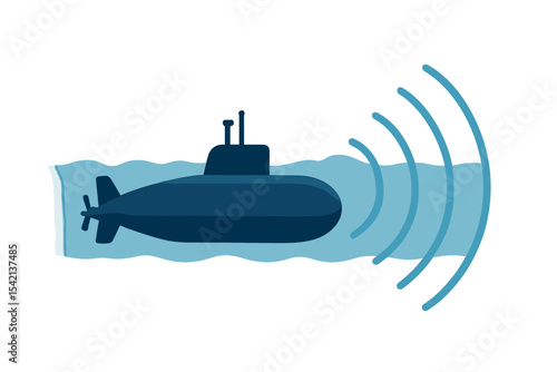 Submarine navigating underwater with sonar waves emitted in a tranquil ocean setting at dawn