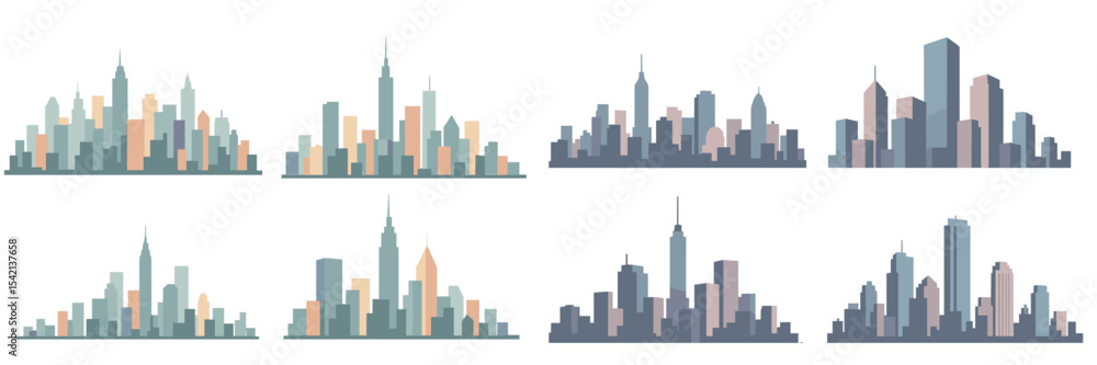 Obraz premium City skyline silhouettes featuring diverse architectural styles at dusk or dawn