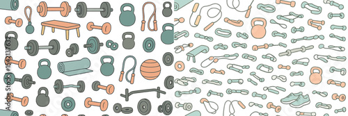 Variety of gym equipment arranged on a clean surface in a well-organized manner for fitness enthusiasts