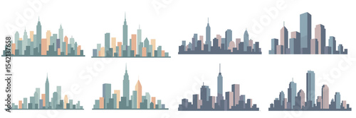 City skyline silhouettes featuring diverse architectural styles at dusk or dawn