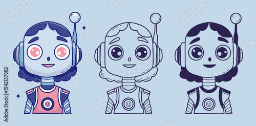 Cute robot girl avatars with headset and antenna collection. Isolated color and outline hand drawings doodle for tech, AI, chatbot, futuristic design projects. Vector illustration. Not AI