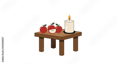 Table with apples and a candle on a white background with copy space