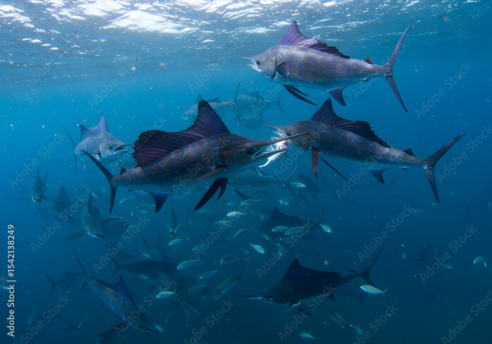 Fototapeta premium School of Sailfish Hunting in Blue Ocean