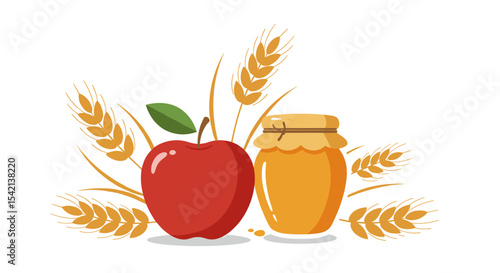 Red apple and jar of honey with wheat ears on a white background